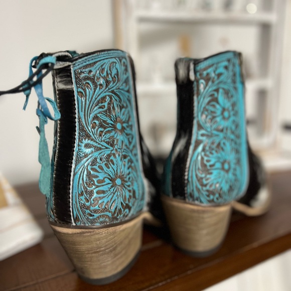 NEW Turquoise Tooled Leather Genuine Hide-on Women Bootie Cowboy Boot Western - Picture 4 of 16
